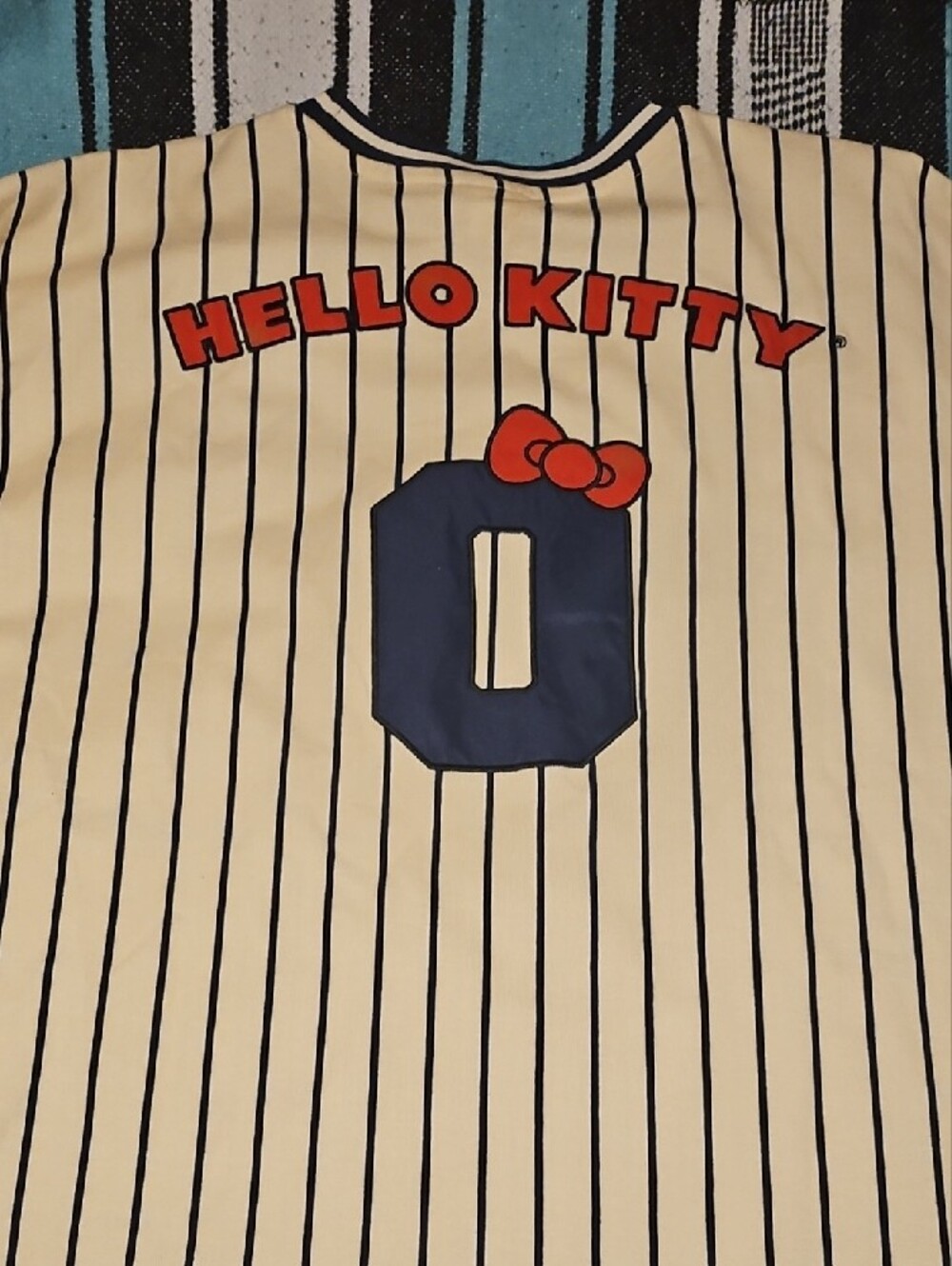 Hello Kitty White & Navy Pinstripe Short Sleeve Tee with Red Accents - Picture 4 of 4